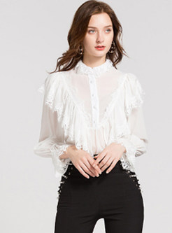 White Slim Long Sleeve Lace Flouncing Top