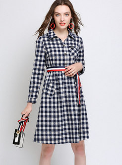 Blue Plus Size Plaid Self-tie Dress With Zipper-side Detail