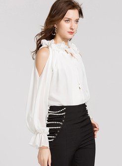 Sexy Standing Collar Off Shoulder Tied Chiffon Top