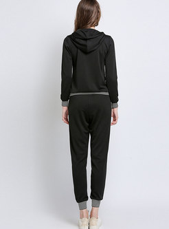 Fashion Black Print Hooded Top & Casual Black Pants