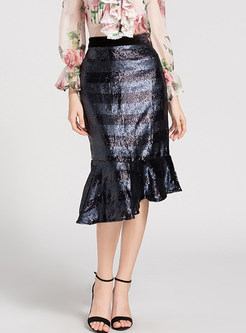 High Waisted Sequined Striped Peplum Skirt