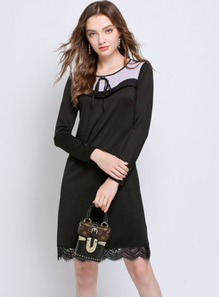 Autumn Tie-neck Bowknot Lace-paneled Plus Size Dress