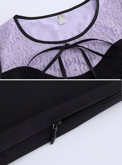 Autumn Tie-neck Bowknot Lace-paneled Plus Size Dress