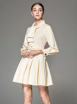 Pure Color Stand Collar Tied Belted A Line Dress