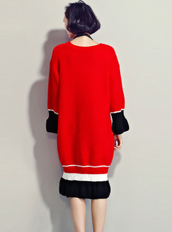 Red Plus Size Loose Falbala Hem Knitted Dress