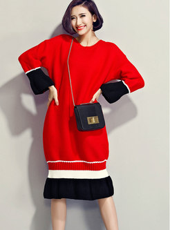 Red Plus Size Loose Falbala Hem Knitted Dress