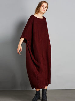 Solid Color O-neck Half Sleeve Loose Knitted Maxi Dress
