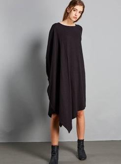 Loose Pure Color Bat Sleeve Asymmetric Knitted Dress
