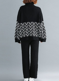 Casual Geometric Pattern High Neck Sweater & Black Pants