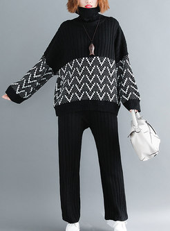 Casual Geometric Pattern High Neck Sweater & Black Pants