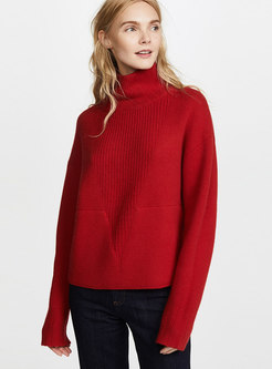 Brief High Neck Knitted Sweater With Side Pockests