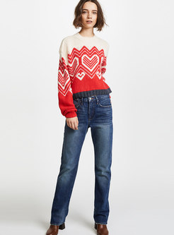 Autumn Stylish Heart Pattern Color-blocked Knitted Sweater 