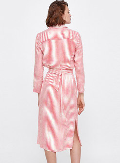 Brief OL Pink Pinstriped Gathered Waist T-Shirt Dress