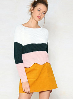 Fashionable Sweet Contrast-color Scalloped Hem Sweater