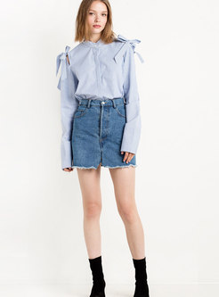 Chic Blue Shoulder Bowknot Straight All-match Blouse