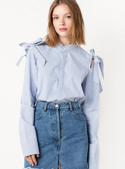 Chic Blue Shoulder Bowknot Straight All-match Blouse