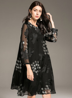 Fashion Black Print Plus Size Shift Silk Midi Dress