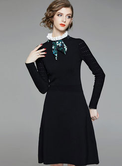 Elegant Ruffled Collar Bowknot Drilling Slim Knitted Dress