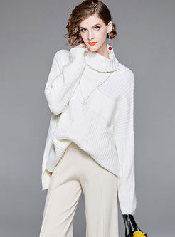 Loose Pure Color High Neck Knitted Sweater