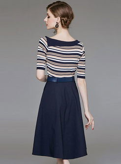  Striped Half Sleeve Knitted Top & High Waist Belted Single-breasted Skirt