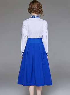 Color-blocked Letter Print Slim Blouse & High Waist A Line Skirt