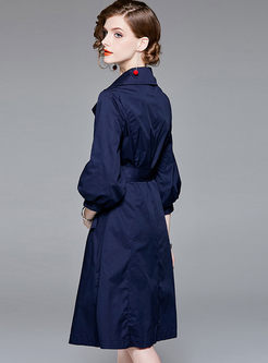 Pure Color Lantern Sleeve Belted Trench Coat