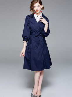 Pure Color Lantern Sleeve Belted Trench Coat