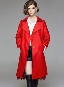 Pure Color Lace Splicing Turn Down Collar Single-breasted Trench Coat