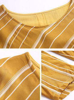 Elegant O-neck Striped Patchwork Straight Midi Dress