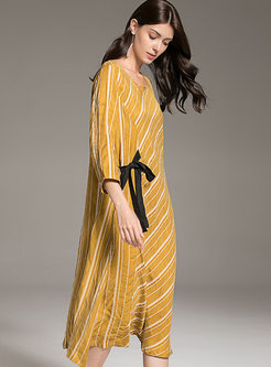 Elegant O-neck Striped Patchwork Straight Midi Dress