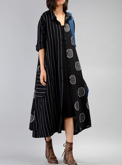 Casual Striped Patchwork Dots Linen Trench Coat