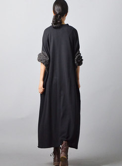Fashion Black Pure Cotton Splicing Handwoven Maxi Dress