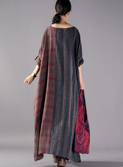 Retro Color-blocked Embroidered Plaid Maxi Dress With Split