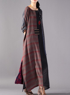 Retro Color-blocked Embroidered Plaid Maxi Dress With Split