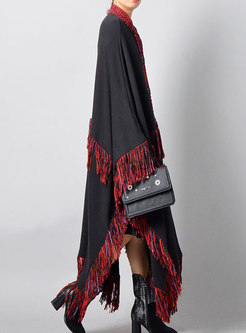Fashionable Black-red Blocked Long Coat With Tied Tassel