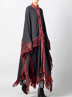 Fashionable Black-red Blocked Long Coat With Tied Tassel