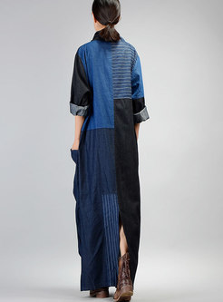 V-neck Striped Patchwork Denim Maxi Dress