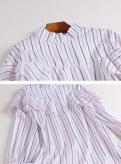 Striped Stand Collar Tied Falbala Blouse