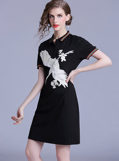 Lapel Short Sleeve Embroidered Sheath Shirt Dress
