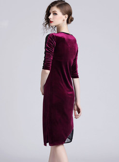 Elegant V-neck Velvet Splicing Mesh Asymmetric Dress