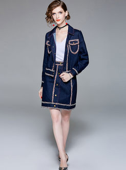 Chic Denim Splicing Lapel Short Coat & Denim Splicing Mini Skirt