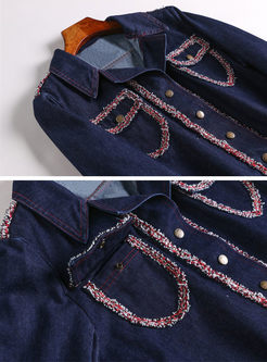 Chic Denim Splicing Lapel Short Coat & Denim Splicing Mini Skirt