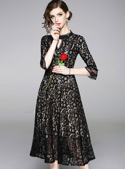 Sexy Black O-neck Hollow Out Lace Dress