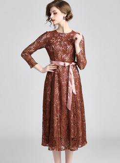 Hollow Out Long Sleeve Tie-waist Lace Slim Dress