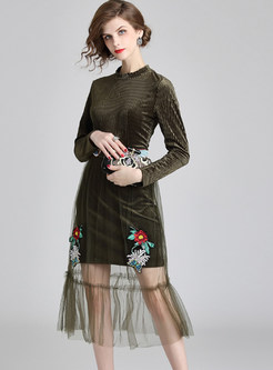 Standing Collar Embroidered Mesh Splicing Velvet Dress