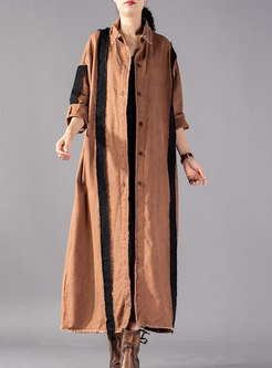 Lapel Single-breasted Linen Patchwork Overcoat