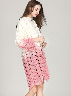 Color-blocked Zip-up Flare Sleeve Knitted Coat