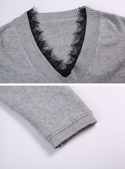 Grey Lace V-neck Splicing Bat Sleeve Slim Sweater