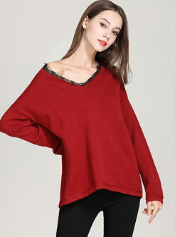Casual Lace V-neck Splicing Bat Sleeve Pullover Sweater