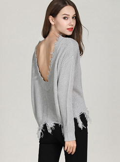 Trendy Plus Size Backless Irregular Tassel Hem Sweater